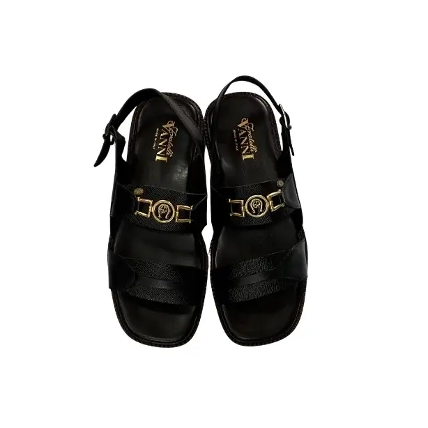 Vanni (Italy) Black Leather Gold-Strap Sandal